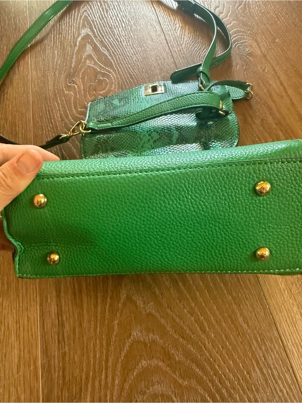 Dune London Green Top-Handle Satchel Bag with Snake-Print Detail